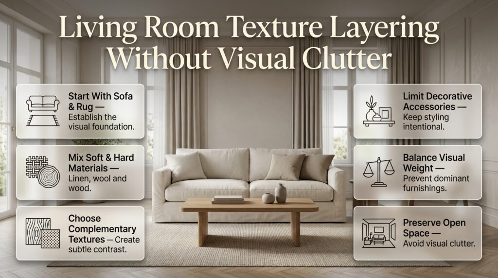 Living room texture layering with a linen sofa, wool rug, wooden coffee table, and minimal accessories for a balanced interior.