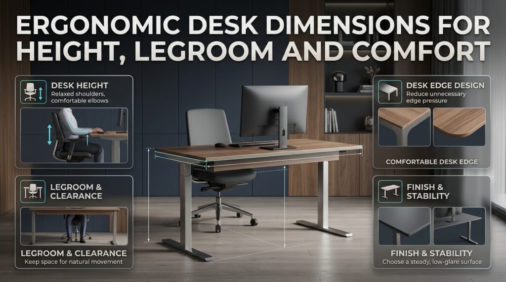 Ergonomic desk dimensions infographic showing proper desk height, under-desk legroom, rounded desk edges, and a stable matte work surface.