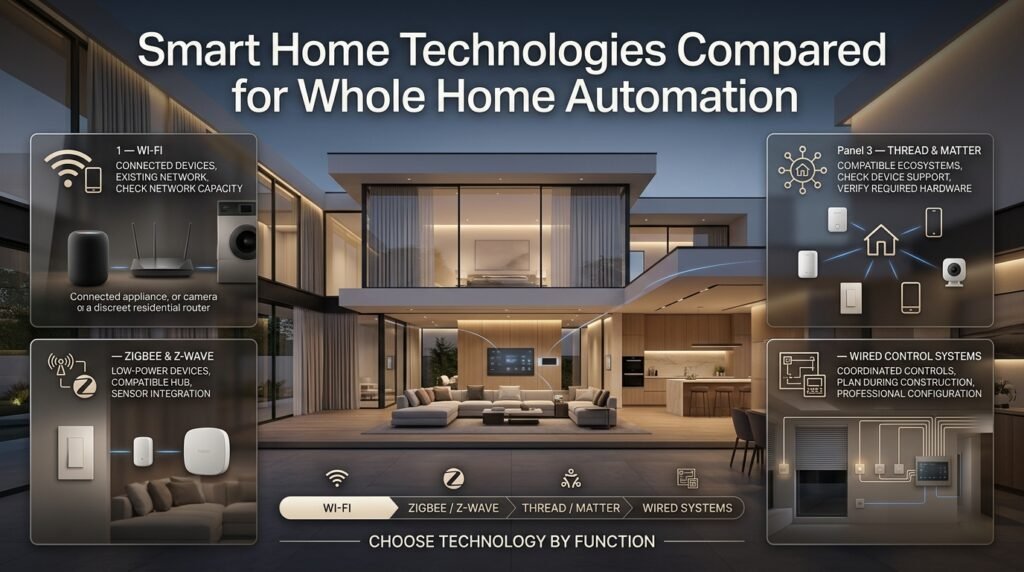 Smart home technologies for whole home automation comparing Wi-Fi, Zigbee, Z-Wave, Thread, Matter, and wired control systems.