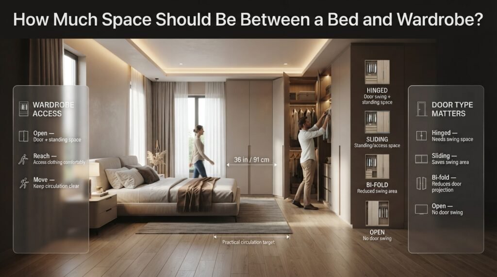 Bedroom showing practical space between a bed and wardrobe, with people opening doors and using storage comfortably.