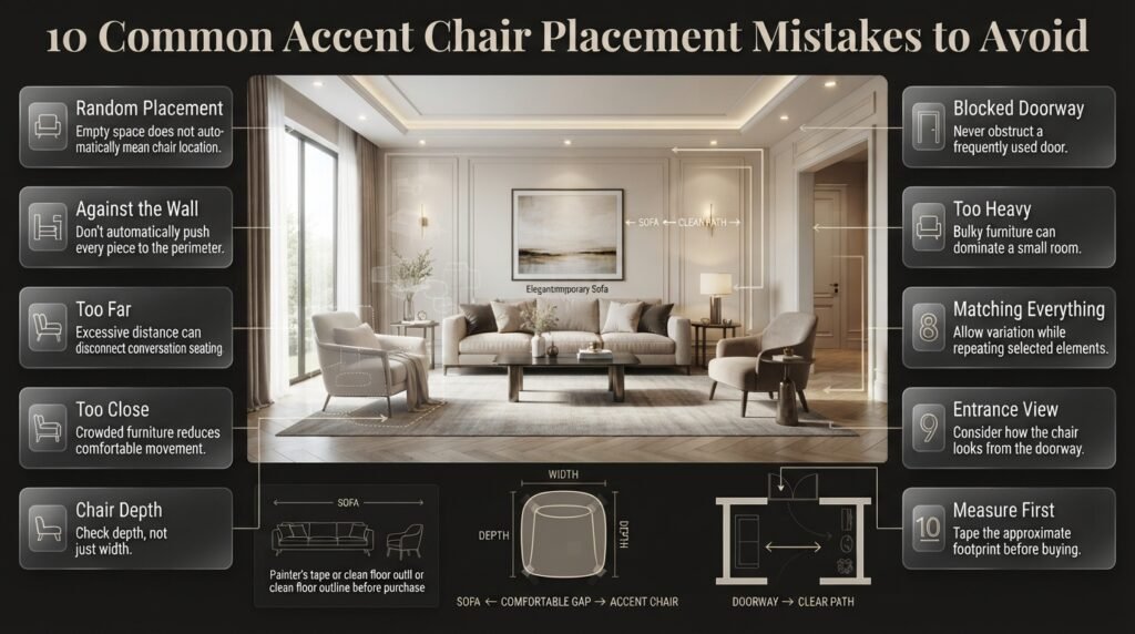 Infographic showing 10 common accent chair placement mistakes, including poor spacing, blocked doors, oversized chairs, and weak room flow.