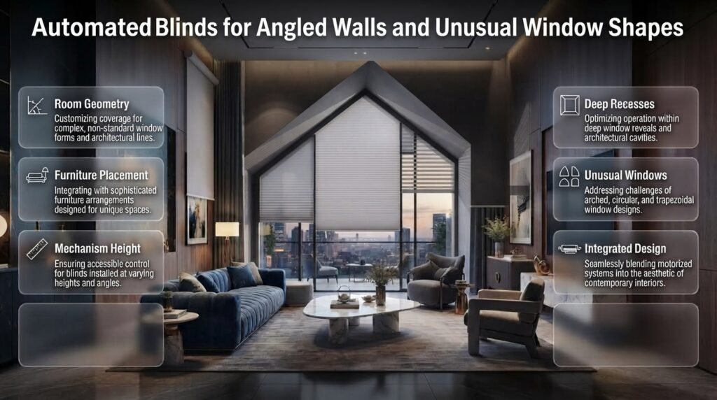 Automated blinds designed around sloped ceilings, angled walls, bay windows, recessed windows, and unusual glazing