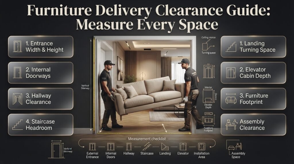 Furniture delivery clearance guide showing doorway width, hallway height, staircase turning space, elevator dimensions, and furniture installation clearance.