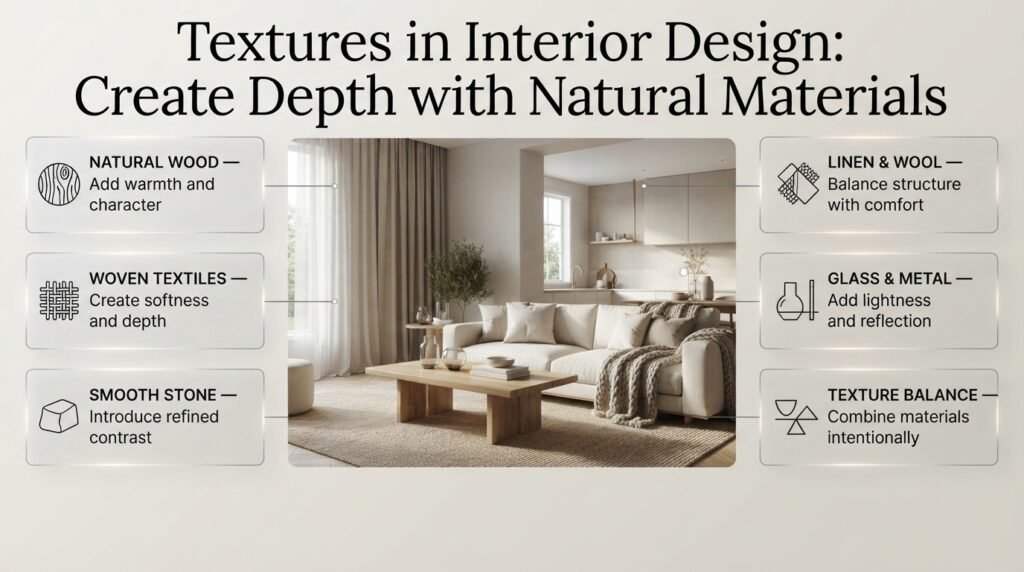 Textures in interior design featuring woven rugs, linen curtains, natural wood, smooth stone, wool cushions, and brushed metal accents.