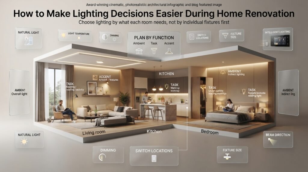 Home renovation lighting plan showing ambient, task, accent, natural light, dimming, switches, and room-specific lighting choices.