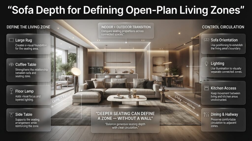 Deep sofa in an open-plan room defining a living zone with a rug, coffee table, lighting, and clear circulation paths.