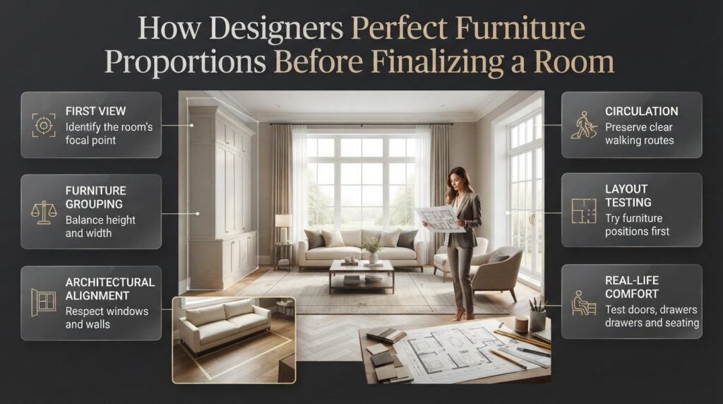 Professional designer evaluating furniture proportions, window views, sofa placement, circulation paths, and balanced room layouts.