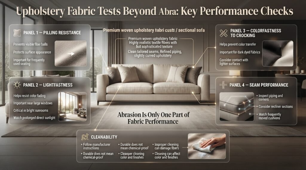 Upholstery fabric performance tests covering pilling, lightfastness, crocking, seam strength, and cleanability for furniture