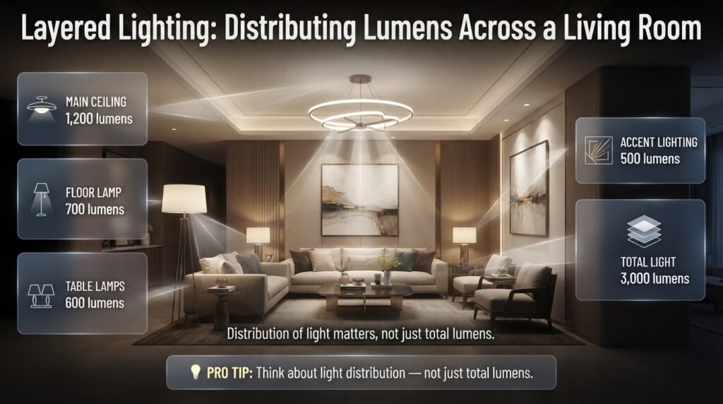 Layered living room lighting showing how ceiling, floor, table, and accent lights distribute 3,000 total lumens.