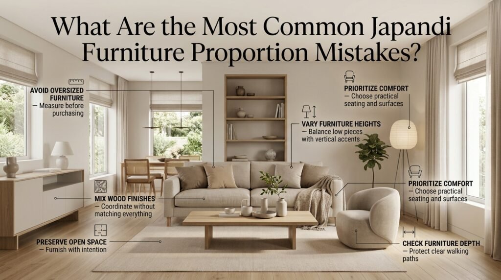 Common Japandi furniture proportion mistakes including oversized sofas, overly low furniture, mismatched wood finishes, crowded corners, and blocked walkways.