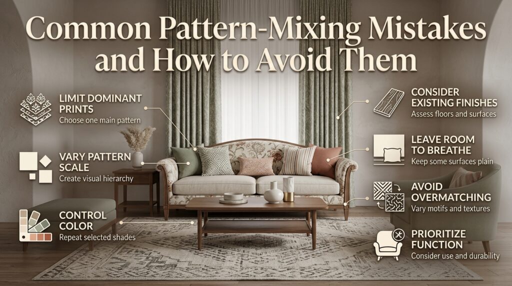 Common pattern-mixing mistakes in interior design, including clashing colors, competing prints, repetitive scales, and cluttered living room decor.