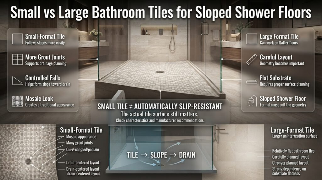 Small and large bathroom tiles compared for sloped shower floors, showing grout joints, drainage, surface geometry, and wet-area use