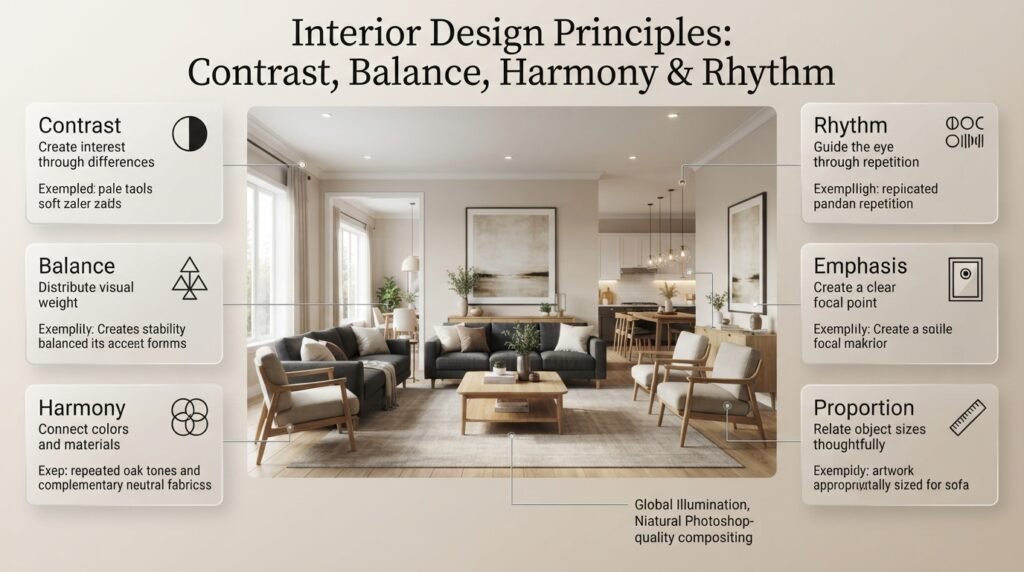 Interior design principles illustrated through a balanced living room featuring contrasting colors, harmonious materials, repeated lighting, focal artwork, and proportionate furniture.