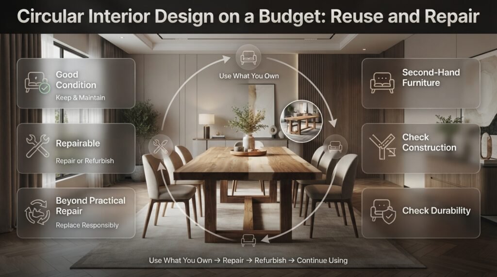 Budget-friendly circular interior design using existing furniture, repairs, refurbishment, and carefully selected second-hand pieces.
