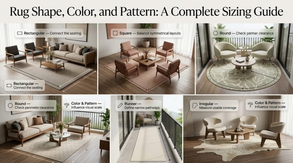 Interior design infographic comparing rectangular, square, round, runner, and irregular rugs with different colors and patterns in furniture arrangements.