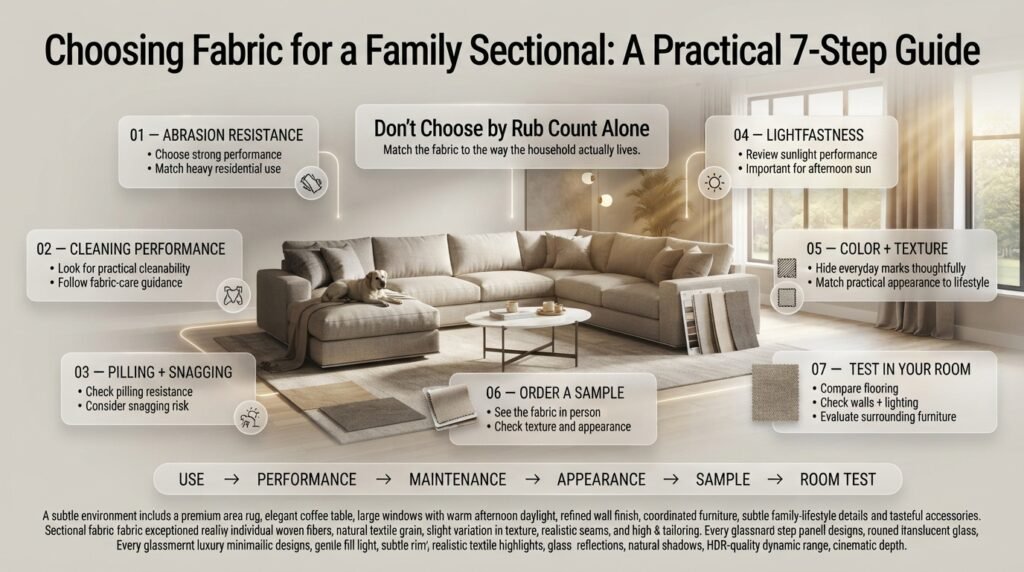 Family sectional fabric guide showing seven steps for choosing durable, cleanable, sun-resistant upholstery for everyday use