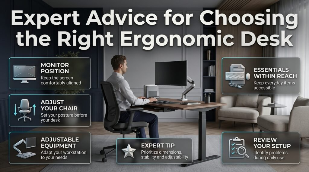 Expert ergonomic desk advice showing monitor positioning, chair adjustment, adjustable accessories, organized workspace, and comfortable desk layout.