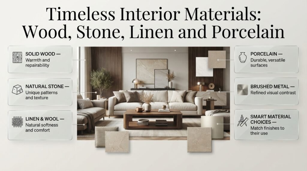 Timeless interior materials featuring solid wood furniture, natural stone, linen upholstery, wool textiles, porcelain surfaces, and brushed metal.Timeless Interior Materials: Wood, Stone, Linen and Porcelain