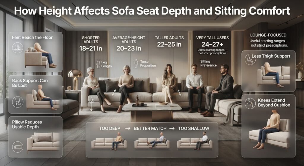 How height affects sofa seat depth, showing suitable depth ranges and comfort differences for shorter and taller users.