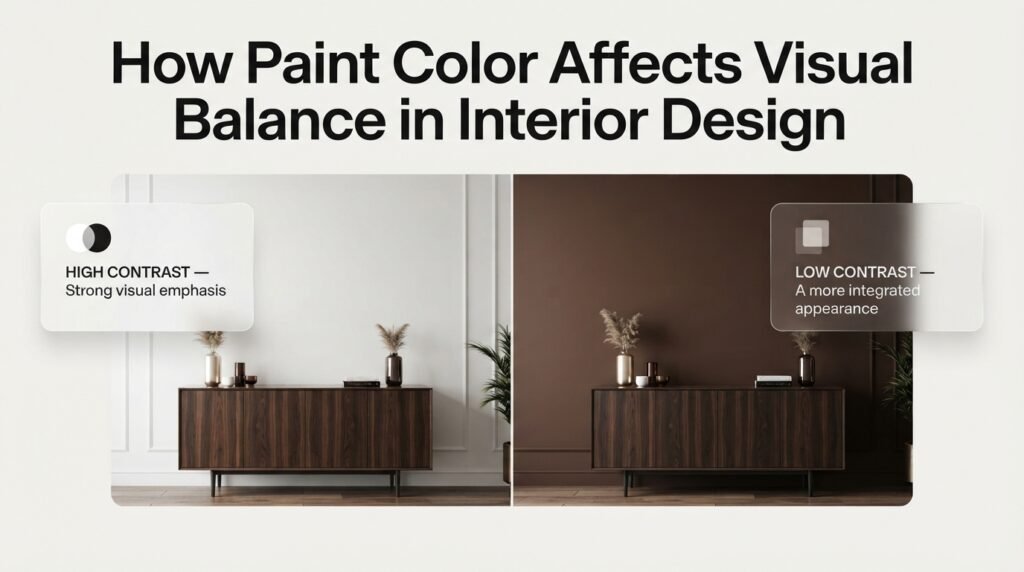 Paint color and visual balance in interior design showing a dark walnut cabinet against contrasting white and brown walls.