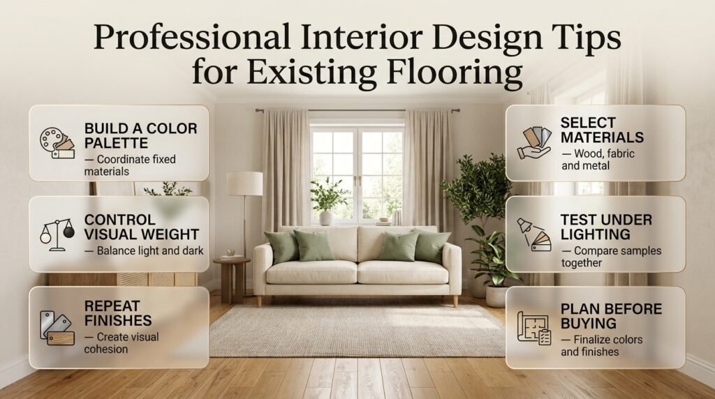 Professional interior design featuring warm oak flooring, coordinated wall colors, cream furniture, walnut finishes, and balanced decorative accents.