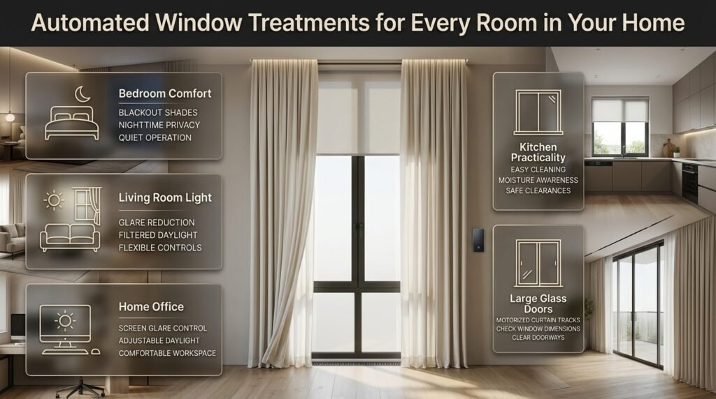 Automated window treatments for bedrooms, living rooms, home offices, kitchens, and large glass doors with motorized shades and curtains.