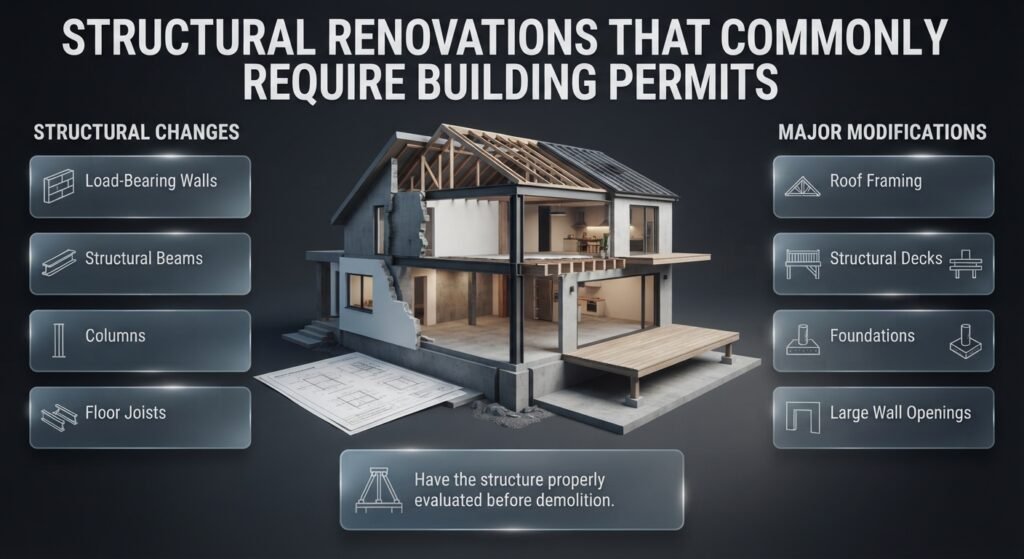 Structural renovations requiring permit checks, including load-bearing walls, beams, columns, joists, roofs, decks, and foundations.