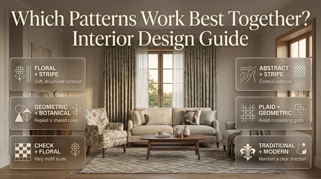 Floral, striped, geometric, checked, and abstract patterns combined in a stylish living room with coordinated colors and balanced textures.