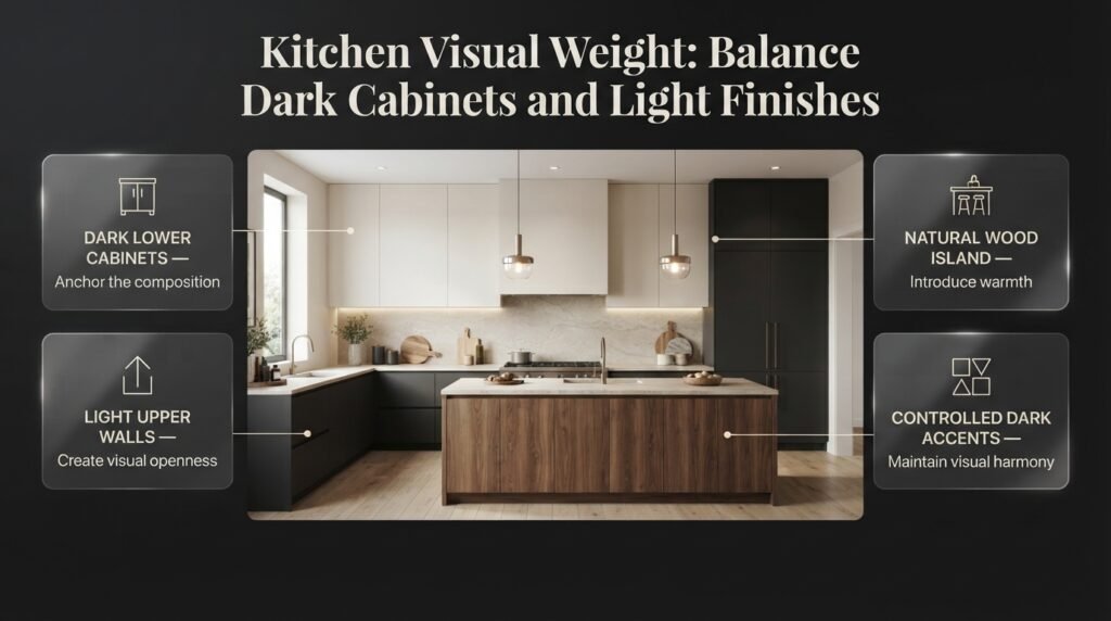 Kitchen visual weight featuring dark lower cabinets, light upper walls, a natural wood island, and balanced pendant lighting.