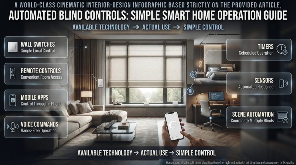 Automated blind controls using wall switches, remotes, apps, voice commands, timers, sensors, and scenes