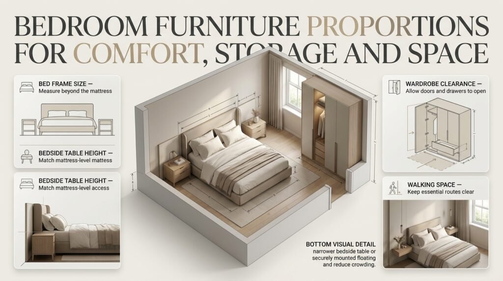 Bedroom furniture proportion guide showing a properly sized bed, balanced bedside tables, wardrobe storage, and comfortable walking space.