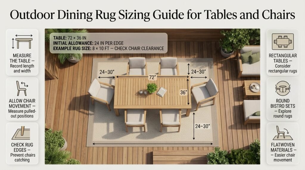 Outdoor dining rug sizing illustration showing a rectangular dining table, pulled-out chairs, rug dimensions, and chair clearance.