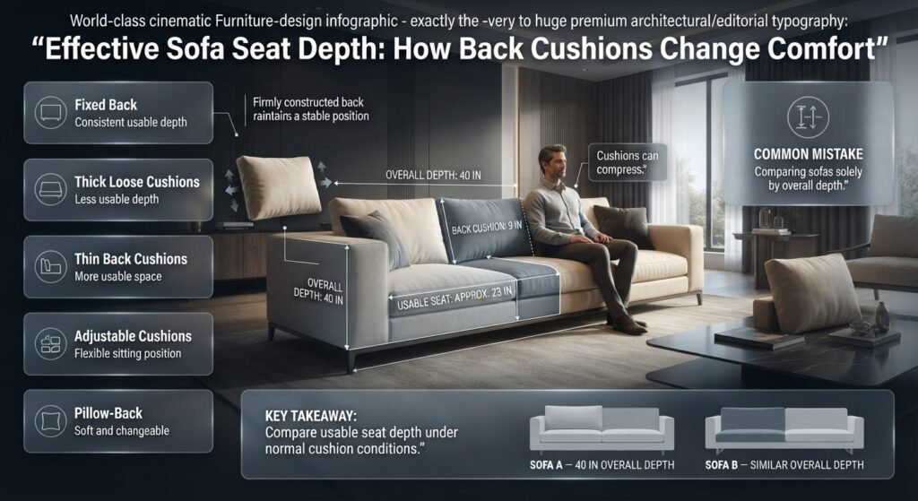 Effective sofa seat depth showing how back cushions, loose cushions, and fixed backs affect usable sitting space and comfort.