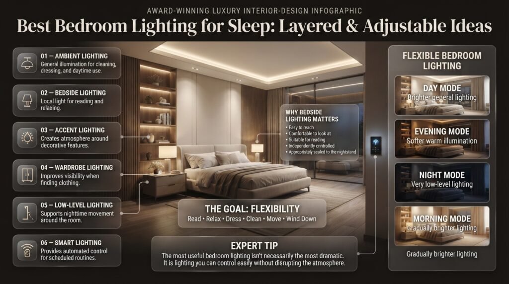Best bedroom lighting for sleep with layered ambient, bedside, accent, wardrobe, low-level, and smart lighting controls