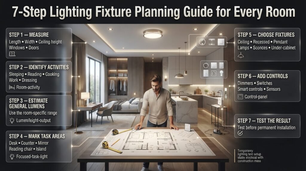 Seven-step lighting fixture planning guide covering measurements, activities, lumens, task areas, fixtures, controls, and testing.
