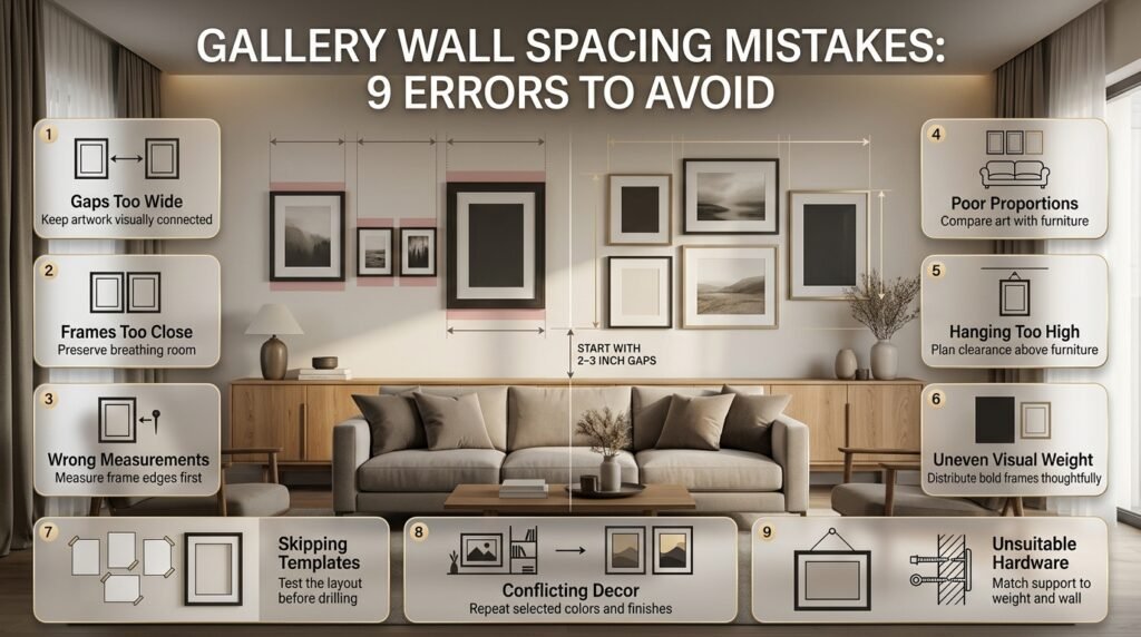 Gallery wall spacing mistakes including uneven frame gaps, poor furniture alignment, incorrect hanging height, and unsuitable picture-hanging hardware.