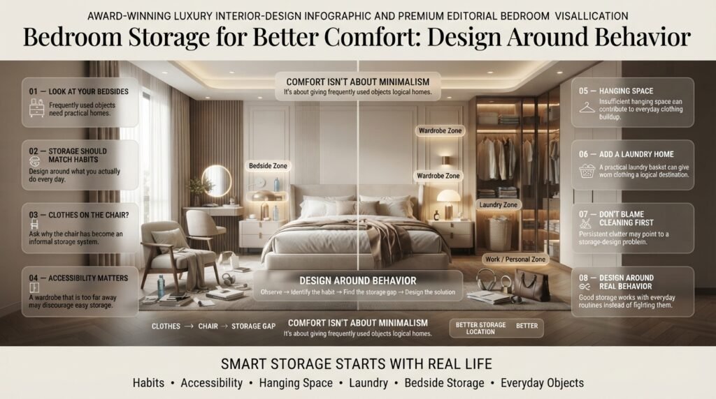 Bedroom storage for better comfort with organized bedside surfaces, practical wardrobes, laundry storage, and clutter-free furniture placement