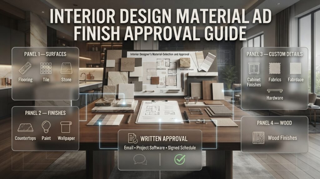 Interior design material and finish approval guide showing flooring, tile, stone, paint, fabrics, hardware, and wood selections