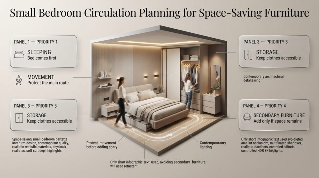 Small bedroom circulation layout showing a bed, clear walking path, compact storage, floating shelves, and space-saving furniture.