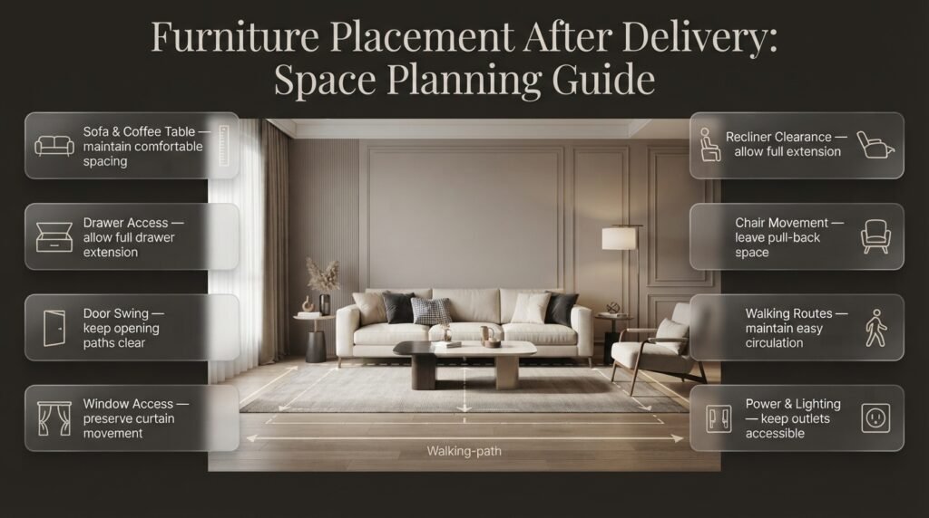Furniture placement after delivery showing sofa positioning, coffee table clearance, walking paths, door access, and balanced room layout.