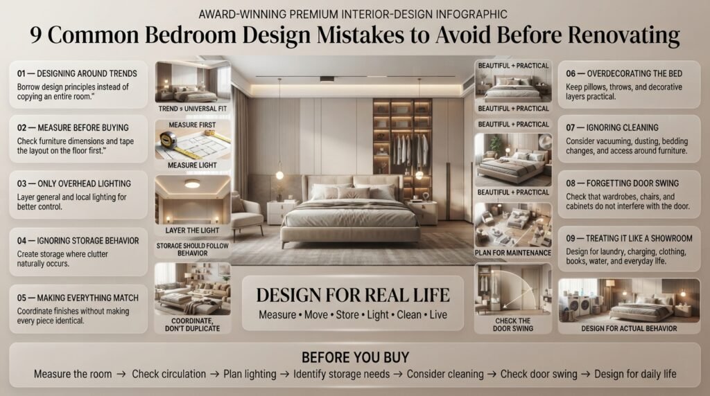 Common bedroom design mistakes including poor measuring, lighting, storage, furniture placement, overdecorating, and ignoring everyday use