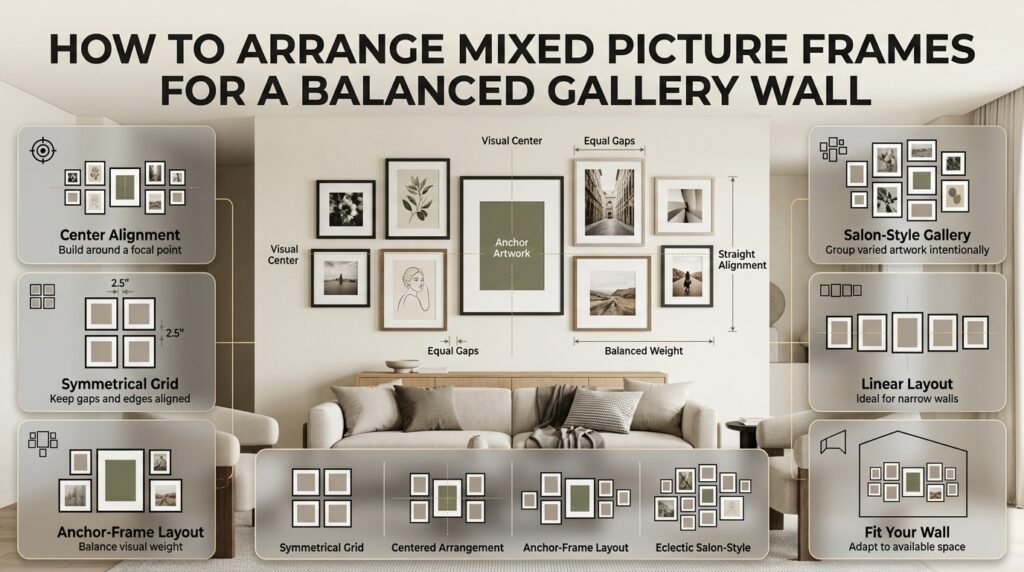 Mixed picture frames arranged in a balanced gallery wall using center alignment, symmetrical grids, anchor artwork, and salon-style layouts.