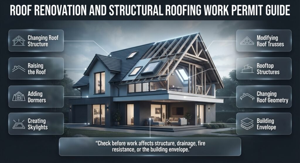 Roof renovation permit guide showing roof structures, dormers, skylights, trusses, rooftop structures, and roof geometry changes.