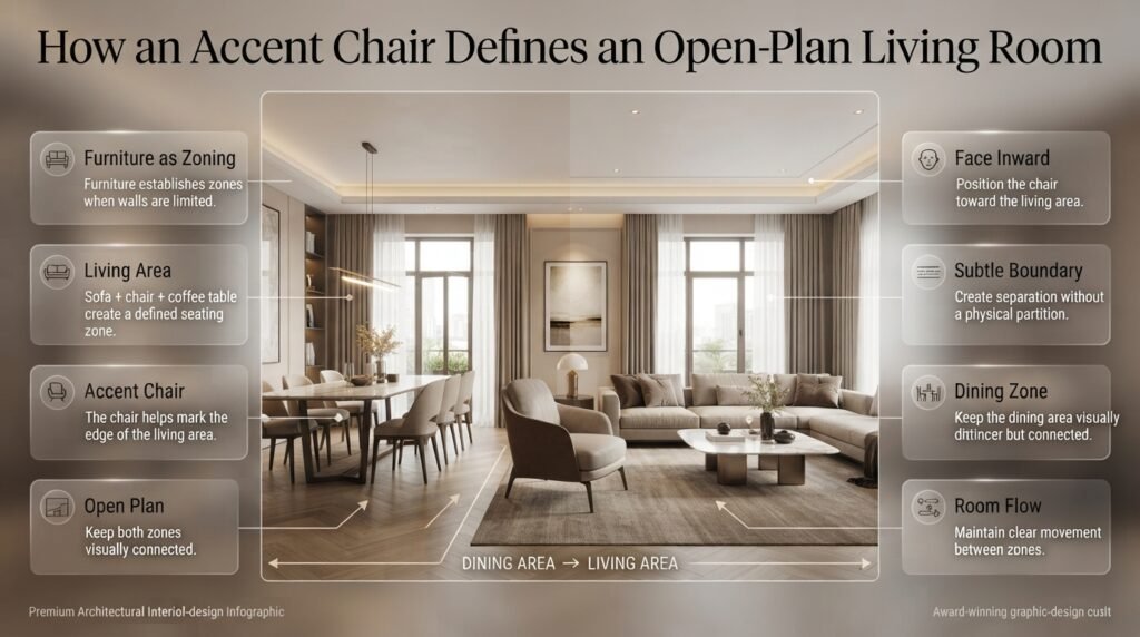 Accent chair defining an open-plan living room by creating a subtle visual boundary between the living and dining areas.