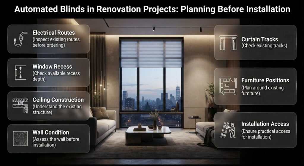 Automated blinds planned during renovation with electrical routes, window recesses, ceiling construction, furniture, and installation access