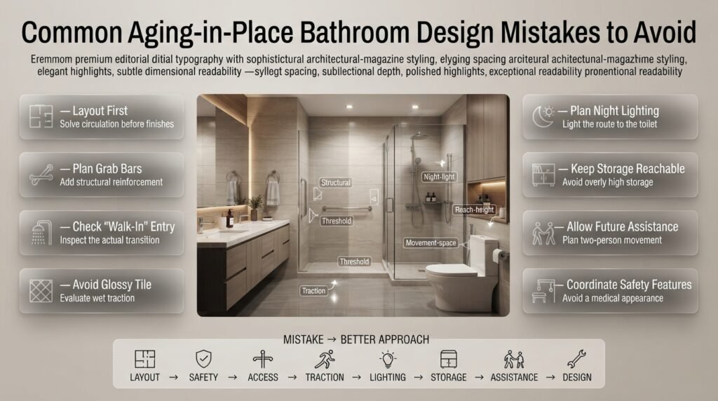 Aging-in-place bathroom design mistakes including poor layout, weak grab-bar planning, glossy tile, dark lighting, and high storage