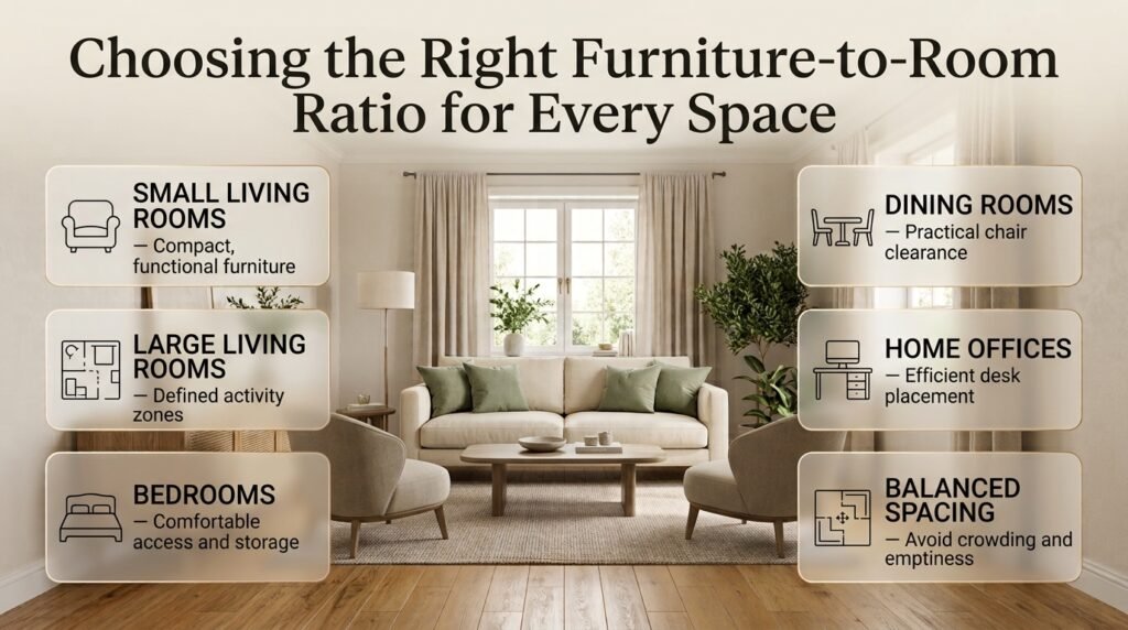 Furniture-to-room ratio guide showing properly scaled living room seating, bedroom furniture, dining tables, and home office layouts.
