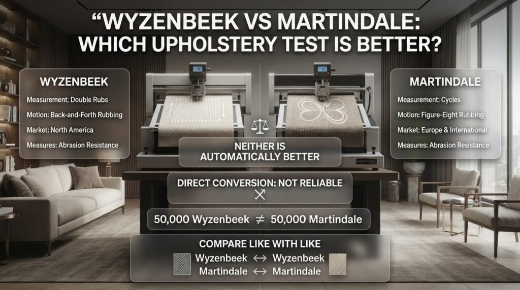 Wyzenbeek vs Martindale upholstery tests comparing double rubs, cycles, testing methods, abrasion resistance, and comparison rules