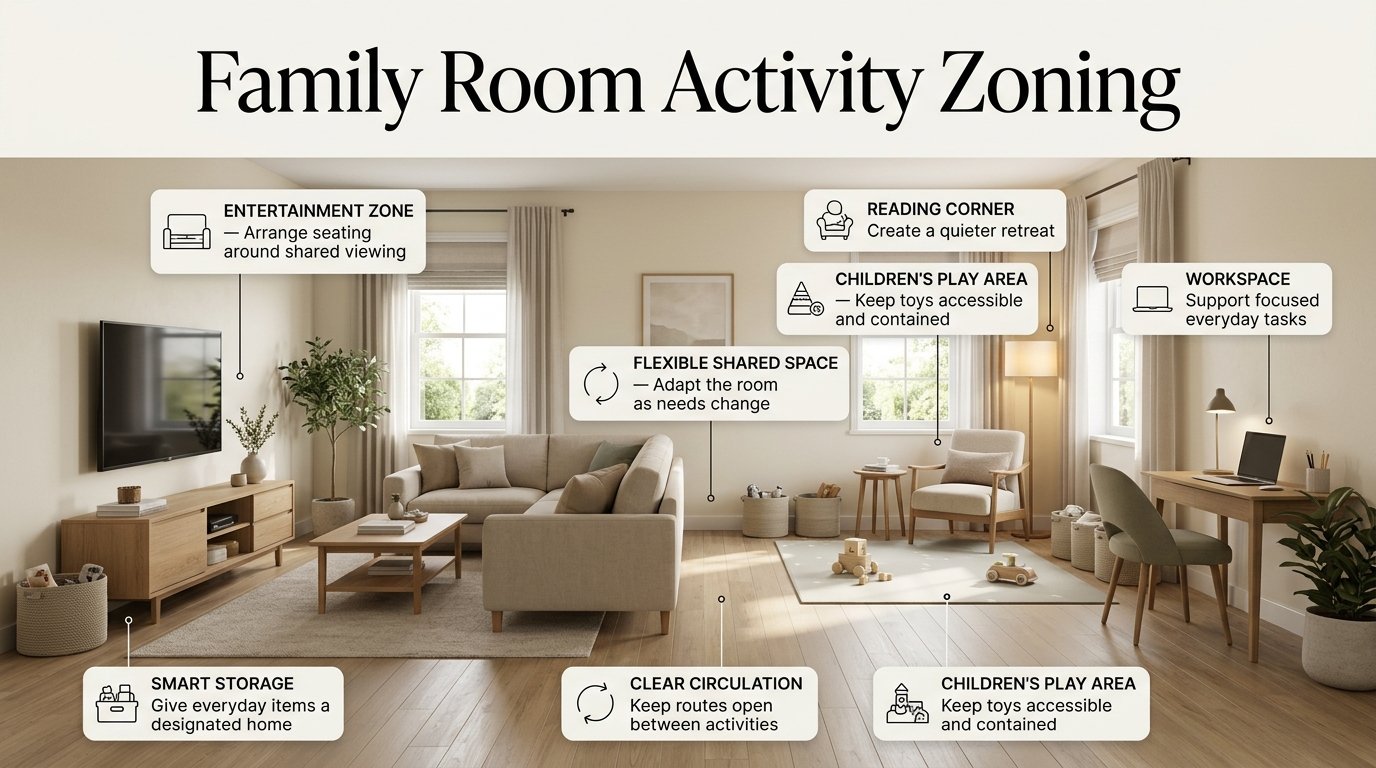 Family Room Activity Zoning: How to Create a Functional