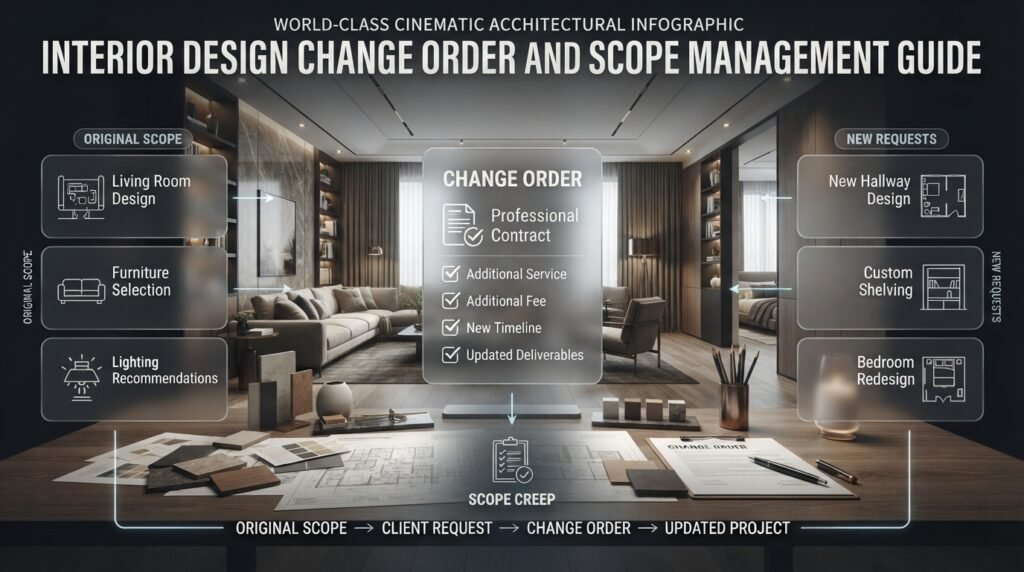 Interior design change order guide showing scope changes, additional services, fees, timelines, and updated project deliverables